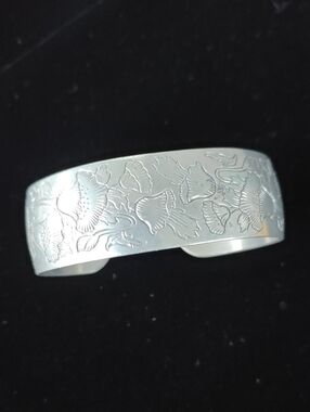 Pewter Engraved Cuff Bracelet With Poppy Flowers